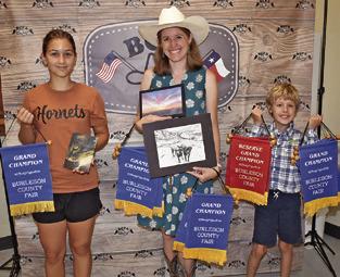 JENNA DODSON, CENTER, won grand champion for oil on canvas; Ivy Chatwin, left, won grand champion for pencil drawing, pastel painting, pen and ink drawing, acrylic painting, embroidery, needlework-crochet, and unusual horticulture project; and Rory Chatwin, won grand champion for woodwork, shrubbery, unusual horticulture project, foliage-potted plants, fruits and vegetables and recycled arts and crafts.