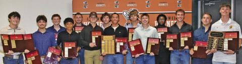 THE BOYS WINNERS at the annual athletic banquet included, from left, Landon Vykukal, Spencer Ellis, Rylan Cross, Alberto Valdez, Blake Taylor, Cooper Schluens, Kaden Fritsche, Dylan Carter, Chase Faust, Cayden Zboril, Kayden Robertson, Coy Becka, Joe Walker Herman and Shane Clements.