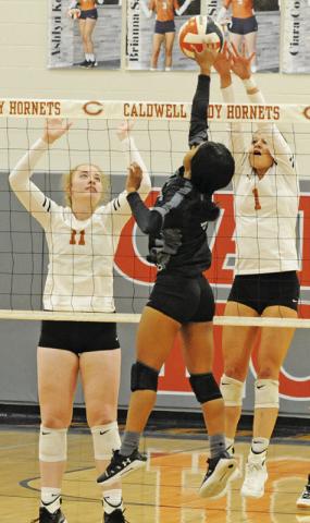 CALDWELL’S ASHLYN KELLUM goes up to attempt to block a hit by a Manor New Tech player during the Lady Hornets’ win last Friday. Also pictured is Jackie Pinkerton. -- Tribune photo by Denise Squier