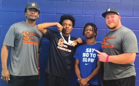 SOMERVILLE’S VERKOBE WOODBERRY placed third in the 132-pound weight division at the Division 3 THSPA Boys’ State Powerlifting Meet in Taylor last Saturday. His teammate Hershel Conway placed seventh in the 123-pound weight class. They are pictured with Assistant Coach Mitchell Leonard and Head Coach Ethan Watson.