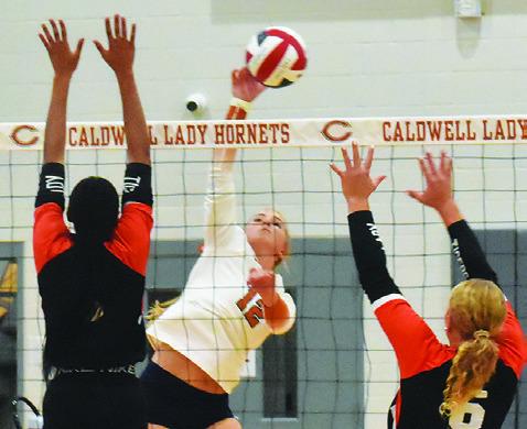 CALDWELL’S ABBY VOGLER hits the ball between two Smithville blockers during the Lady Hornets’ win over the Lady Tigers on Friday. Tribune photo by Roy Sanders