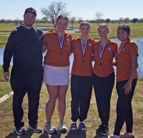 CALDWELL GOLF COACH Jacob Schaefer joins girls team members Kierstyn Macik, Jordyn Hafernick, Alexa Johnson and Patsy Pineda. The girls team placed third at the Navasota Tournament.