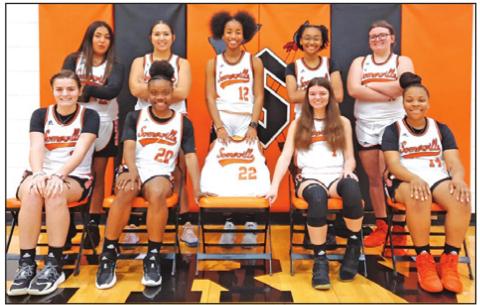 THE 2021-2022 SOMERVILLE LADY YEGUA varsity girls basketball team is, from left, back, Viviana Munoz, Bryanna Surovik, Ra’Maya Carter, Destiny Vela, Aubrey Kovasovic, front, Halle Stevens, Camia Martin, Emma Kovasovic and Bri’ona-Nicole Hudson.