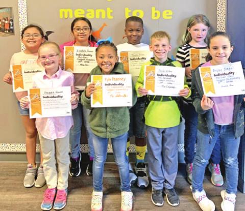 EIGHT THIRD-GRADE students at Caldwell Elementary School were recognized with Person of Value for Individuality certificates. Pictured from the left are: Alexis Calderon, Teagan Quinn, Lizabelle Gomez, Kyla Kearney, Trenton Brown, Jacob Wilder, Lizzie Straub, and Brylee Siegel.