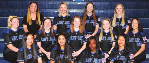 THE 2020 SNOOK LADY JAYS SOFTBALL TEAM is, from left, bottom, Paola Arredondo, Lexus Gutierrez, Latrcich Waldon, Frida Mota, middle, Emily Daigle, Avery Kovar, Kaitlyn Kindt, Leighla Strong, Carmen Miller, top, Coach Kara Rau, Jalee Baumann, Riley Green and Jaycie Brisco.