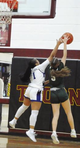 SNOOK’S ALANA STRINGFELLOW blocks a shot by a Valley Mills player during the Thorndale Shootout tournament last Friday. See inside for more about the Lady Jays playing in the tournament. Tribune photo by Denise Squier