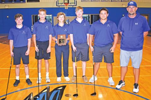 SNOOK GOLF TEAM members include, from left, Cason Pitts, Brett Withem, Caden Schluens, Chevy Barker, Cody Noriega and Coach Dylan Conway. -- Tribune photo by Roy Sanders