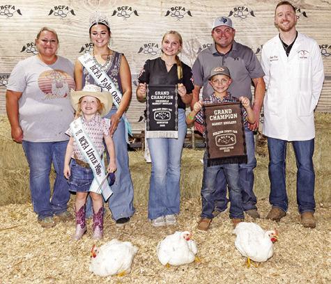 RIXTON MANTEY EXHIBITED the Grand Champion Broilers at the 2025 Burleson County Fair. Also pictured are Kara Mantey, Fair Queen Kodi Hitchcock and Little Miss Taytum Hohlt, Ricky Mantey and Judge Jacob Price.
