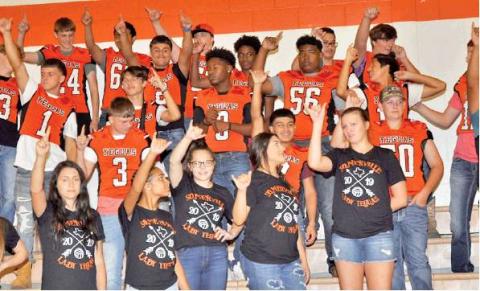 THE SOMERVILLE YEGUAS volleyball and football teams enjoy “Meet the Yeguas” on Thursday, Aug. 22, at Yegua Gym. All the athletes and coaches were recognized and cheered by enthusiastic Yegua fans. -- Tribune photo by Roy Sanders