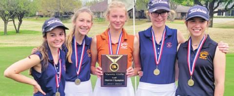 THE CALDWELL LADY Hornets team members include, from left, Kate Hill, Madilyn Schneider, Maegan Schneider, Alexis Zalobny and Ciara Coker. The Lady Hornets won the district championship.