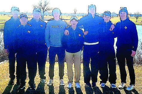THE CALDWELL HIGH SCHOOL boys golf team members include, from left, Wyatt Kosh, Sam Waldrip, Brayden Titzman, Nathan Scott, Spencer Ellis, Grant McManus, Cobey McCuller and Harrison Novak. The team placed fourth at the Navasota Tournament.