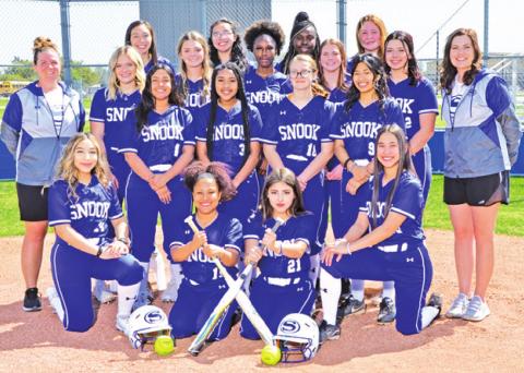 THE 2022 SNOOK LADY JAYS SOFTBALL TEAM is, from left, front, Nadia Garcia, Iyana Ramirez, Maricella Ponce, Carmen Miller, second row, Kat Moreno, Alana Stringfellow, Savannah Davidson, Frida Mota, third row, Coach Wendy Lueckemeyer, Aubrey Becker, Lexi Macik, Kiara Green, Payton Sodolak, Jalee Baumann, Coach Loren Cooper, back, Paola Arredondo, Maytte Arredondo, Makenzie Moore and Morgan Lopez.