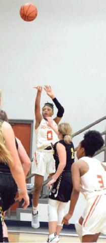 JA’ASIA MATHIS shoots to score two of her six points during Caldwell’s game against North Zulch last Tuesday night in Caldwell.