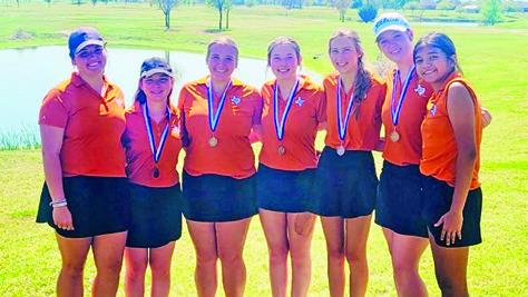 THE CALDWELL GIRLS team, taking third in Navasota, includes, from left, Kierstyn Macik, Brandy Gillar, Tanzley Johnson, Raeleigh Ussery, Madilyn Schneider, Alison Krueger and Patsy Pineda.