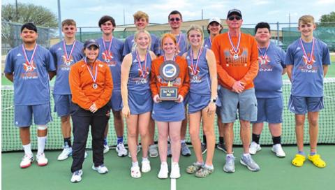 THE CALDWELL TENNIS TEAM placed second in the Texas Tennis Coaches Association regional tournament and qualified for the state tournament. Pictured from left, back, is Alejandro Zapata, Waylon Chapman, Connor Hughson, Breyden Athey, Gabe Pipes, Keith Ramon, Bryan Martinez, Dylan Chapman, front, Coach Mackenzie Kassner, Kori Archer, Hope Savage, Karly Fritsche and Coach Dusty Loewe. Not pictured is Tilly Hicks and Jordan Perkkio.