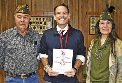 CALDWELL HIGH SCHOOL teacher Benjamin Kasparek was the VFW’s Teacher of the Year as part of the Smart/Maher VFW National Citizenship Education Teacher Program. He is joined by Tommy Miles and Tina Smith of the Caldwell VFW post.