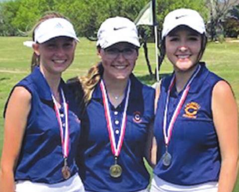 THE CALDWELL GIRLS golf team took the top three individual medalist spots at the district golf tournament. Pictured, from left, are Maegan Schneider (third), Hannah Blaha (first) and Priscilla Olivarez (second).