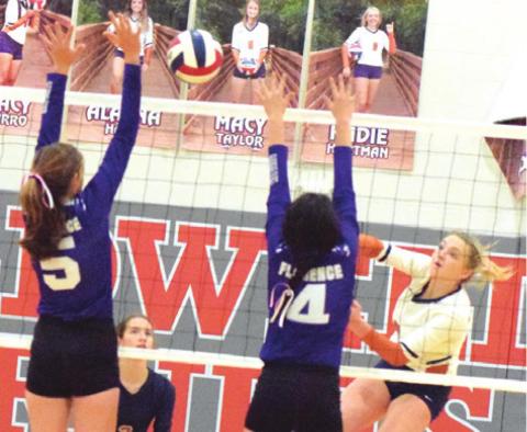 CALDWELL’S KADIE HARTMAN hits the ball between two Florence blockers during the Lady Hornets’ win over the Lady Buffs last Tuesday night at Hornet Gym. -- Tribune photo by Denise Hornaday AAAAA KADIE HARTMAN blocks a hit from Florence’s Abbey Brown during Caldwell’s win last Tuesday. -- Tribune photo by Denise Hornaday AAAAA MACY TAYLOR BLOCKS a hit by a Florence player during the Caldwell-Florence match last Tuesday night in Caldwell.