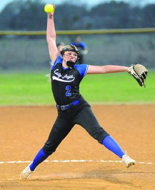 AUBREY BECKER HIT yet another pitching milestone, getting her 800th career strikeout as a Lady Jay last Tuesday. She is pictured pitching last Friday against Mumford. Tribune photo by Denise Squier