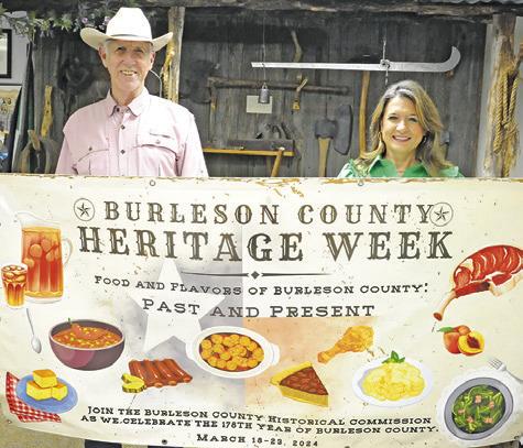 STEVE TUNNELL AND AMY Jurica with the Burleson County Historical Commission hold this banner to announce next week’s Heritage Week, with a theme of “Food and Flavors of Burleson County: Past and Present.” -- Tribune photo by Denise Squier