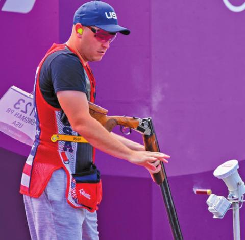 CALDWELL’S PHILLIP JUNGMAN reloads his shotgun during the Men’s Skeet shooting event at the 2020 Tokyo Olympics at the Asaka Shooting Range. Jungman finished 15th in the qualifying rounds for Team U.S.A. -- Photo courtesy of U.S. Army Marksmanship Unit