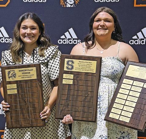AUBREY KOVASOVIC, RIGHT, was the recipient of the Somerville High School Athletic Remy Award for a girl athlete and was named the girls’ Athlete of the Year along with Annette Reyna (not pictured.) Kovasovic is pictured with Averie Hernandez who was the SHS Defensive MVP for volleyball along with Aubrey Flencher.