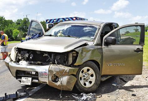 THIS TRUCK WAS damaged in a three-vehicle collision on Tuesday morning on State Highway 21, just west of Caldwell. Two ambulances responded to the scene, and several persons were transported to an area hospital. There were no details on the accident at press time.