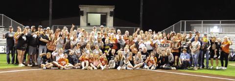 CURRENT AND FORMER LADY HORNETS, Caldwell ISD staff and Caldwell residents honored Wendy Weiss at Friday night’s home game -- her final home game coaching the Lady Hornets before she retires after 29 years. -- Tribune photo by Denise Squier