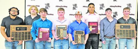 SEVERAL HORNET FOOTBALL PLAYERS received awards at the recent Caldwell High School Fall Sports Awards Banquet. Award winners included: Jim Jackson (DL) and Lucas Peel (OL), Lion’s Club Lineman Award; Braxton Smith, Hornet Award; Justin Balcar, Charlie Krueger Most Competitive Award; Carson Parker, Carl Esparza Award for Courage; Delvin Morris, MVP; Conor Lee (Def) and Coy Becka (Off), Lion’s Club Back of the Year.