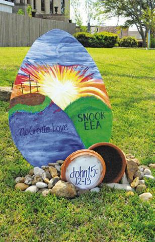 THIS EASTER EGG decorated by the Snook EEA is on the courthouse lawn as an entry in this year’s Burleson County Chamber of Commerce’s Spring Egg Decorating Contest.