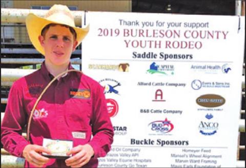 COLLIN FOX WON last year’s Burleson County Youth Rodeo junior Chute Dogging championship. The 2020 event is this weekend, July 24-25, at the Buddy &amp; Edile Lightsey Arena at the Burlson County Fairgrounds.