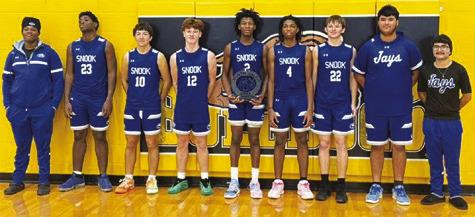 THE SNOOK BLUEJAYS took second place at the North Zulch Tournament. Team members are, from left, Jeremiah Curry, Ke’Treen Carter, Braedyn Fannin, Brent Turner, Jimmy Kearney, John Carr, Wyatt Lopez, Ramiro Martinez and Connor Gilliam.
