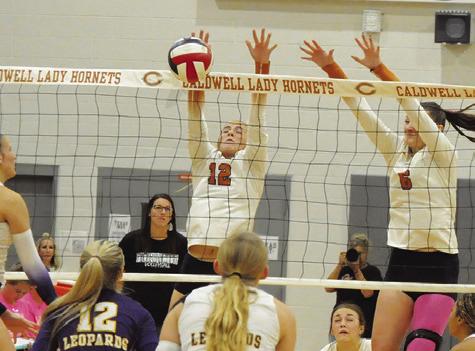 CALDWELL’S ABBY VOGLER blocks a hit from a La Grange player during the Caldwell-La Grange match on Friday. Tribune photo by Denise Squier