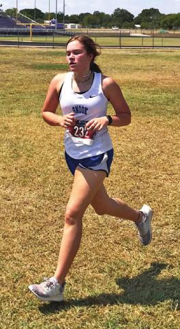 AUBREY BECKER was the solo female runner at the Thrall cross country meet on Saturday, Aug. 29, competing for the junior high.