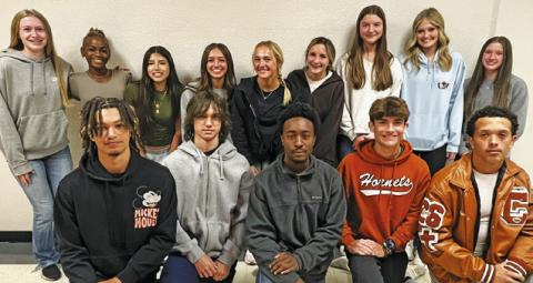 CALDWELL TRACK HAD SEVERAL advance to the area track meet. Those included, from left, back, Ireland Morgan, Alyssa Butler, Jasmine Rodriguez, Natalie Eastepp, Kaylan Groce, Rayleigh Lawhon, Julianne Gerland, Reese McManus, Adeline Hicks, front, EJ Rogers, Daxton Towler, Dejuan Mathis, Spencer Ellis and Korbin Burns. Not pictured is Amoree Denson.
