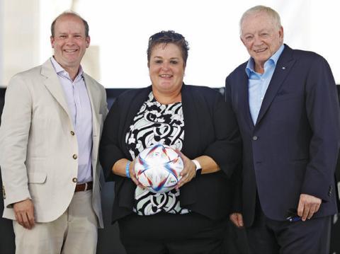 CALDWELL NATIVE MONICA PAUL (center) was instrumental in bringing the FIFA World Cup 2026 to the Dallas area. Paul is pictured with FC Dallas president Dan Hunt (left) and Dallas Cowboys owner Jerry Jones (right). Paul is the current Executive Director for the Dallas Sports Commission.
