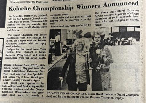 THIS ARTICLE WAS PRINTED in the Nov. 1, 1984, edition of the Burleson County Citizen-Tribune and Caldwell News about Caldwell hosting the first Kolache Championship in the State of Texas on Oct. 27, 1984.