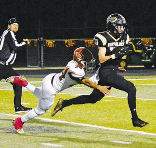 CALDWELL’S AIDAN TORRES dives for this tackle last Friday against Giddings in Giddings. -- Tribune photo by Kim Hutcheson