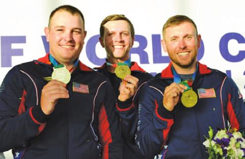CALDWELL’S PHILLIP JUNGMAN (left) and his USA teammates, Adam “Colt” McBee and Vincent Hancock, won the gold medal in Men’s Skeet Team at the recent ISSF World Cup in Baku, Azerbaijan.
