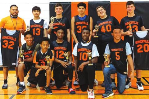 THE SOMERVILLE LITTLE Dribblers 14u team recently won the regional tournament and qualified for nationals. Pictured, from left, front, are DeChristian Deere, Jeremy Vela Jr., Kasen Edwards, JaKeith Daniels, Christopher Deere, back, Coach Joshua Vela, Stevan Martinez, Kason Rohrbach, Gavin Williams, Canyon Fields and Kutter Rohrbach. Not pictured are Ian Teague and Keith Crawford.