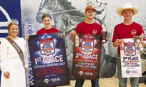 AUBREY LOCKHART placed second in the Junior division of the Certified Hereford Beef (CHB) Cooking Challenge during the 2024 Junior National Hereford Exposition. Pictured, from left, are National Hereford Queen Marie Prodell, Sedona Sifford, Lockhart and Jarrett Worrell.