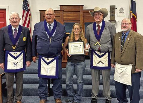 SHELLY SPIVEY WAS RECENTLY recognized by Warren Lodge #56 with the Community Builder’s Award for the Grand Lodge of Texas. This award is to recognize someone in the community who has exemplified leadership and has been a vital part of the community’s successes. Pictured, from the left, are Tommy Griffin, Bill Sargent, Spivey, Gail Blackmon and Ken Wiltz.