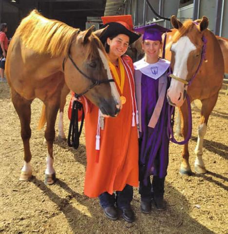 CALDWELL’S SABINE LAZO and College Station’s Reagan Jennings wore their caps and gowns during a recent horse show to share their graduation with their “barn family” who won’t be able to attend their upcoming graduation ceremonies due to COVID-19 crowd restrictions.