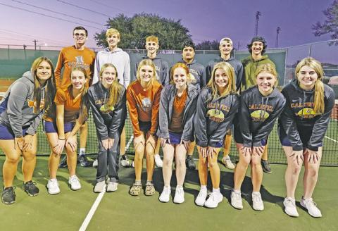 THE CALDWELL TENNIS TEAM recently participated in a warm-up match against Bellville. Those playing were, (back) Gabe Pipes, Breyden Athey, Dylan Chapman, Alejandro Zapata, Waylon Chapman, Keith Ramon, (front) Miranda Polasek, Kylie Vogler, Tilly Hicks,Karly Fritsche, Hope Savage, McKenzie Horan, Jordan Perkkio and Hannarae Clark. Not pictured is Connor Hughson.