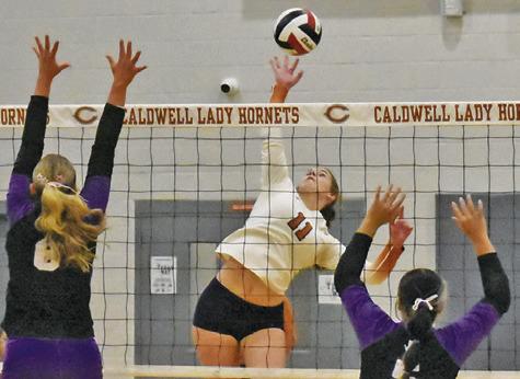 CALDWELL’S LYDIA GIESE goes airborne to get a kill for the Lady Hornets against Thrall last Friday night at Hornet Gym. Tribune photo by Roy Sanders