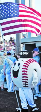 THE BRAZOS VALLEY Bombers and their mascot Kaboom exploded onto Hornet Field last Wednesday, July 1, for a pop-up game against the Lake Charles Gumbeaux Gators. Tribune photo by Roy Sanders