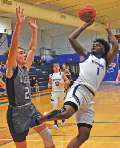 SNOOK’S KALEB CARROLL leans back to take this shot against Fayetteville. The Bluejays lost 59-54. -- Tribune photo by Roy Sanders