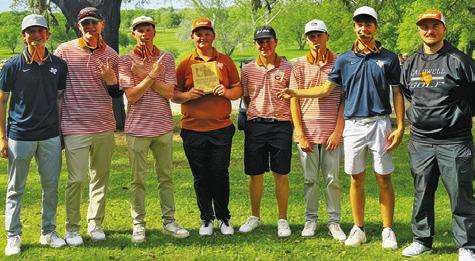 CALDWELL BOYS GOLF team members include, from left, Caden Schluens, Harrison Novak, Nathan Scott, Logan Barnes, Kaden Fritsche, Cobey McCuller, Grant McManus and Coach Jacob Schaefer.