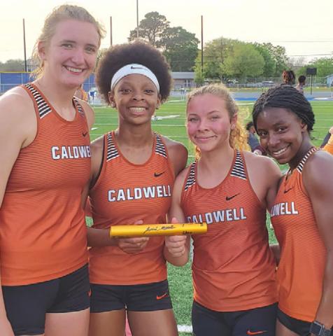 THE CALDWELL GIRLS’ 4x200-meter relay team won first at the District 19-3A Meet with a time of 1:51.160. The team also qualified for the area meet this week in Crockett. Pictured are Elizabeth See, Ja’Asia Mathis, Gracee Stifflemire and Daisha Denson.