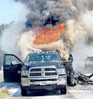 AREA VOLUNTEER firefighters responded to this fire late Tuesday morning, May 13, that erupted on Thornberry Drive in Somerville. The driver of a 1-ton pickup was pulling a travel trailer which caught on fire. However, the driver was not injured.